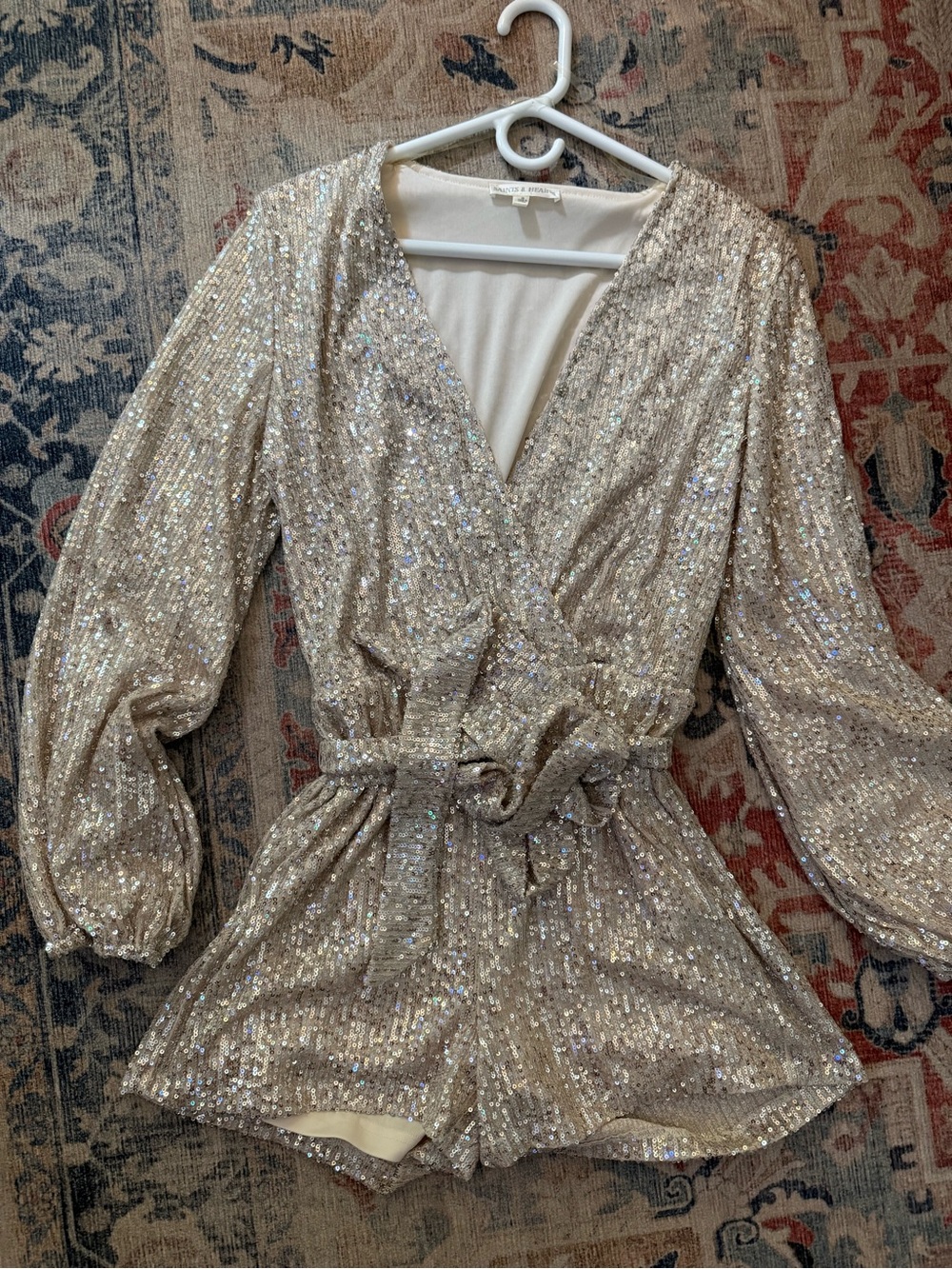 Cream Sequin Wrap Romper Dress